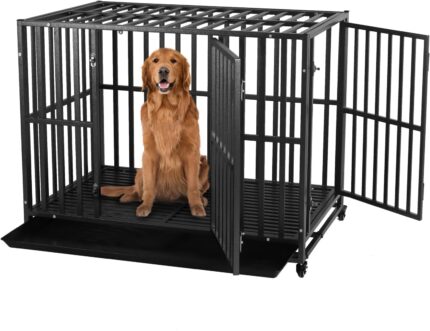 Heavy Duty Dog Cage, 38 Inch Large Metal Crate with 2 Doors and 4 Wheels, Stackable Kennel for Large and Medium Dogs, Removable Tray